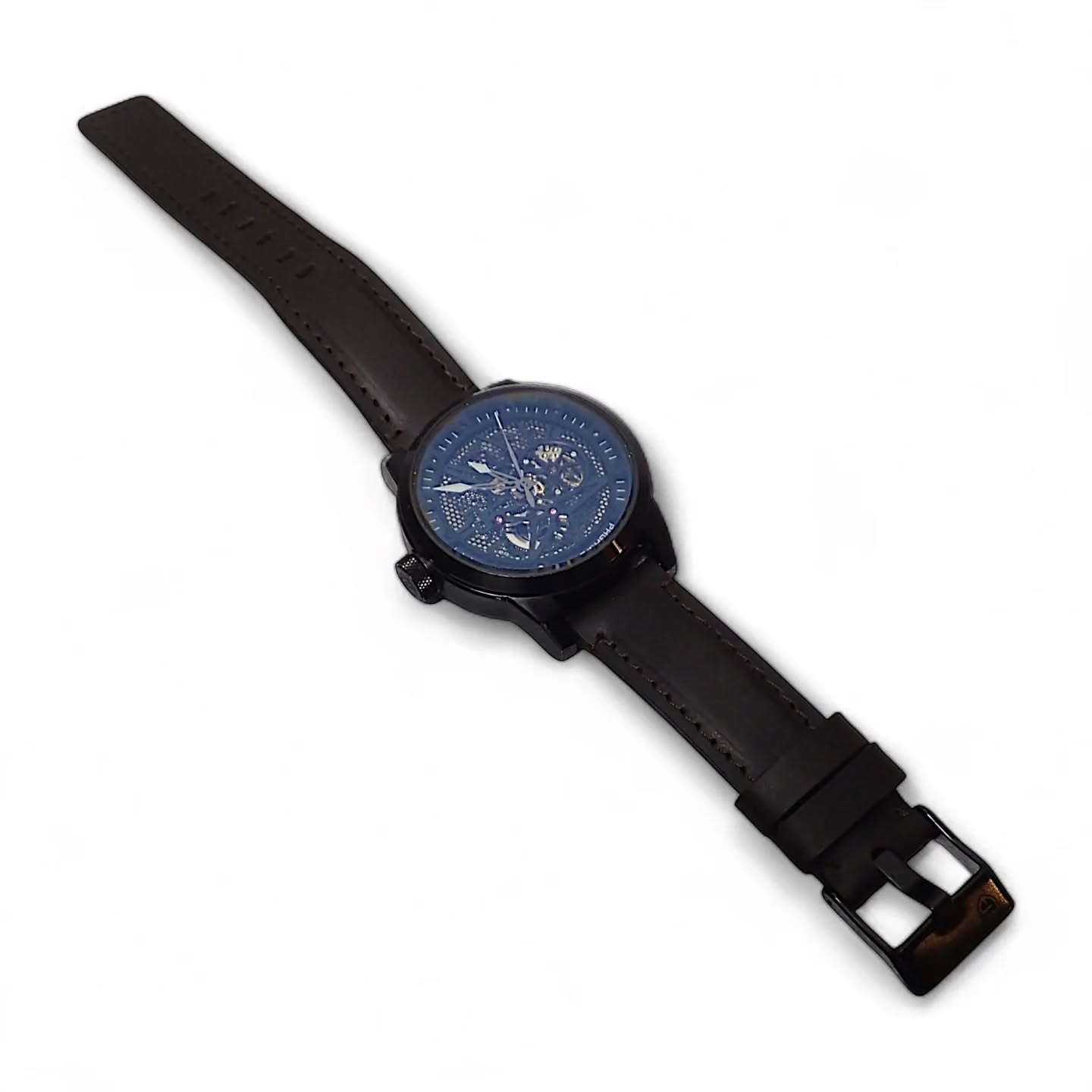 Black Leather Round Watch Strap
