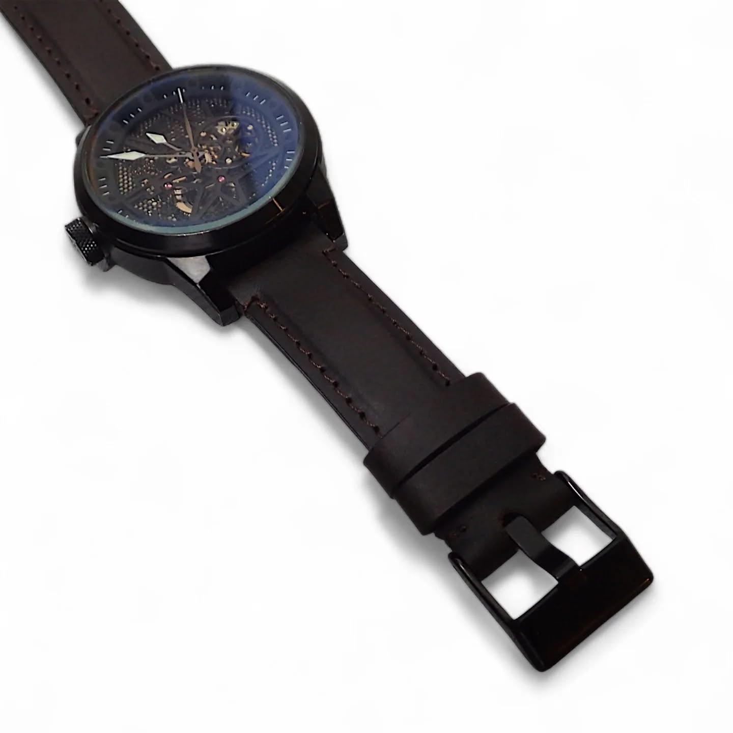 Black Leather Round Watch Strap