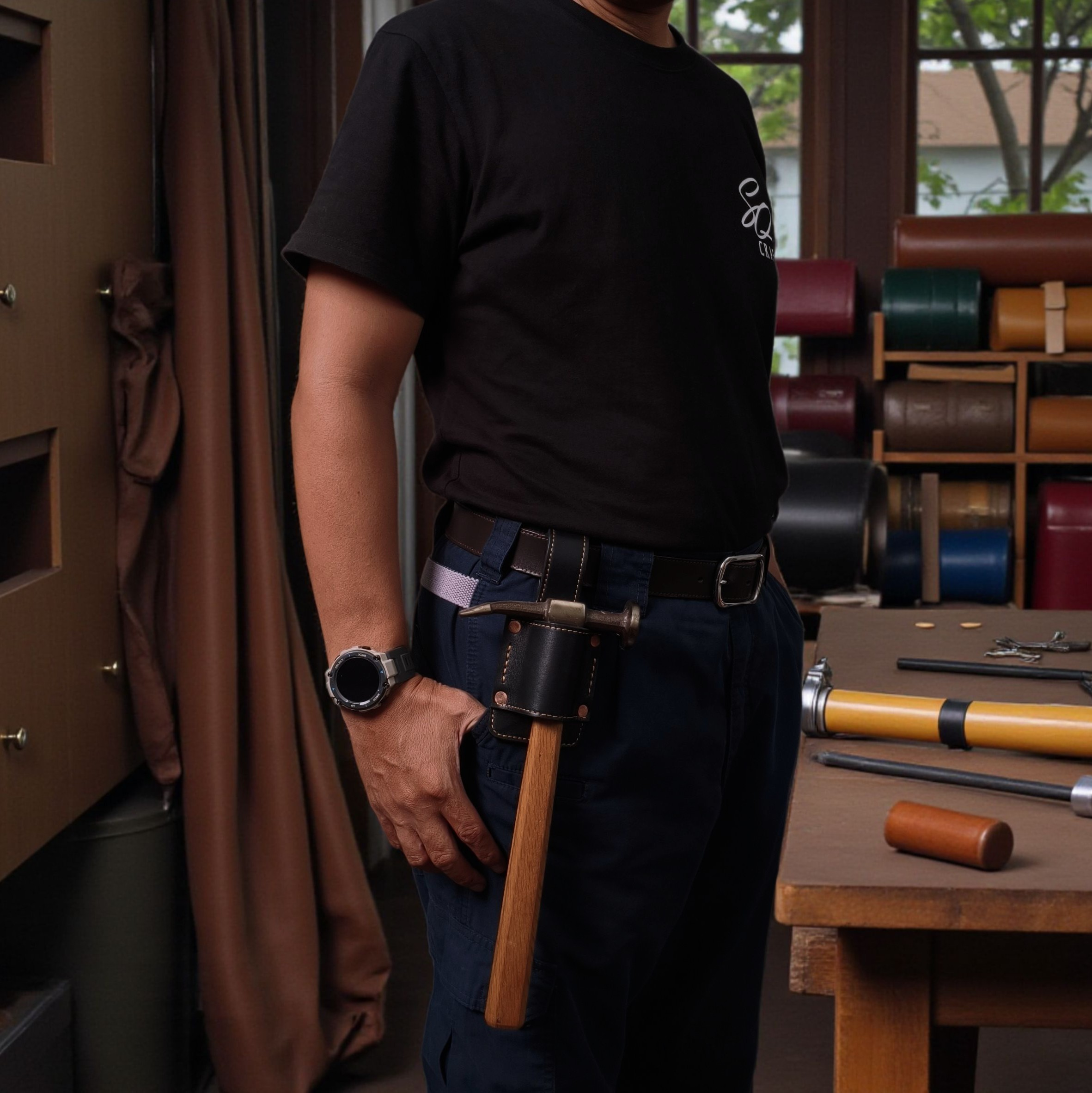 Black leather tools/hammer holster