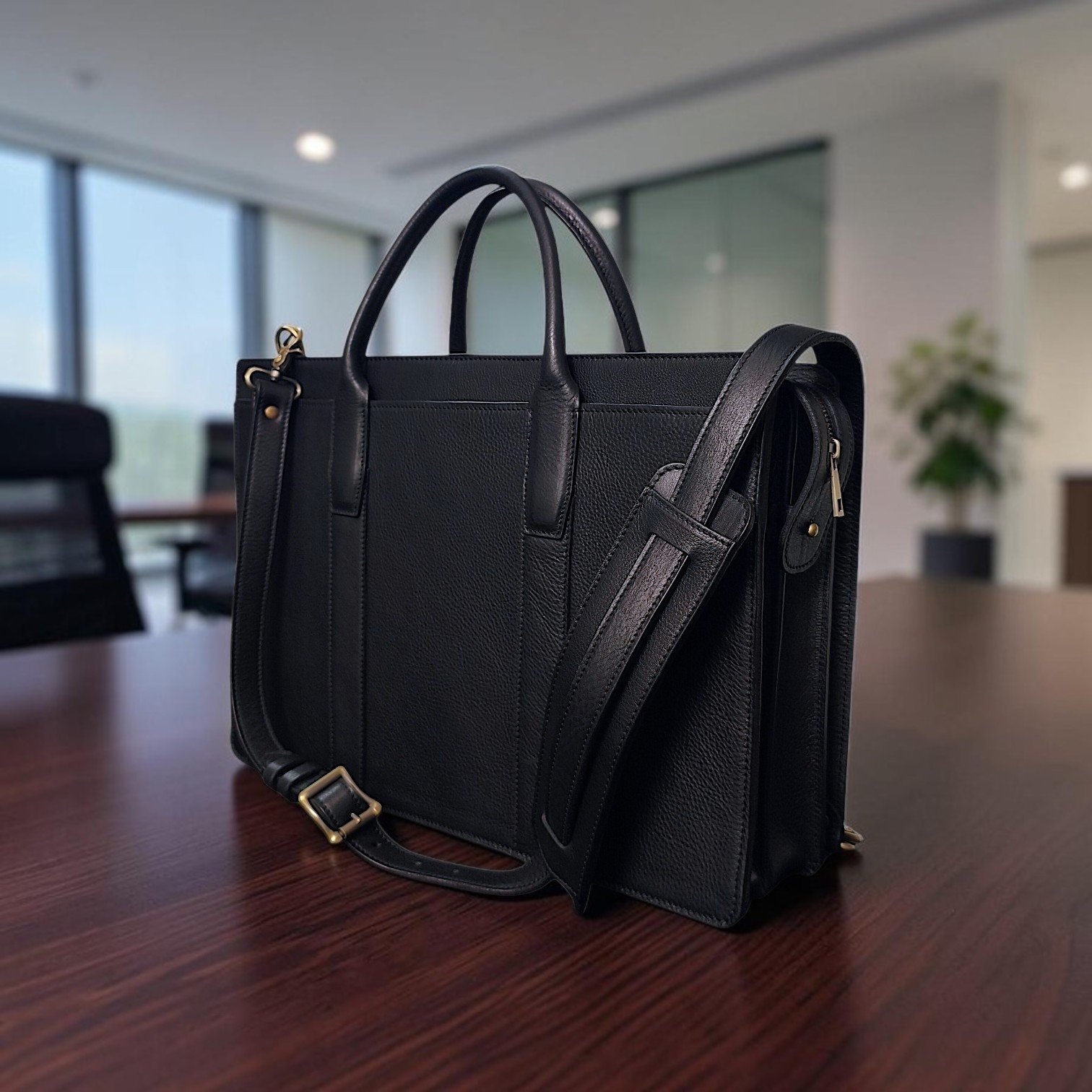 Black Full Grain Leather zip top briefcase