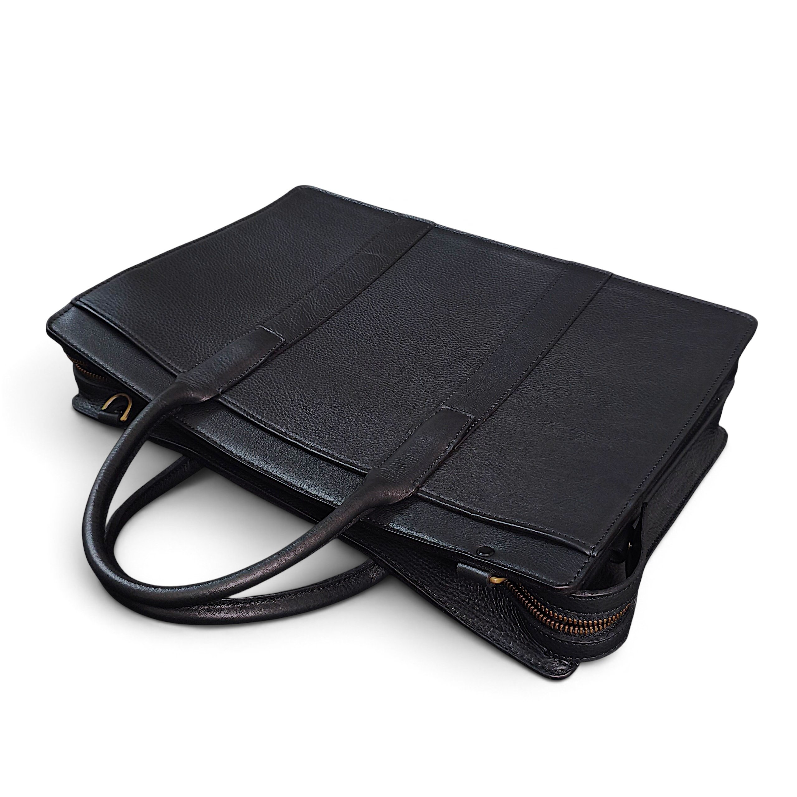 Black Full Grain Leather zip top briefcase