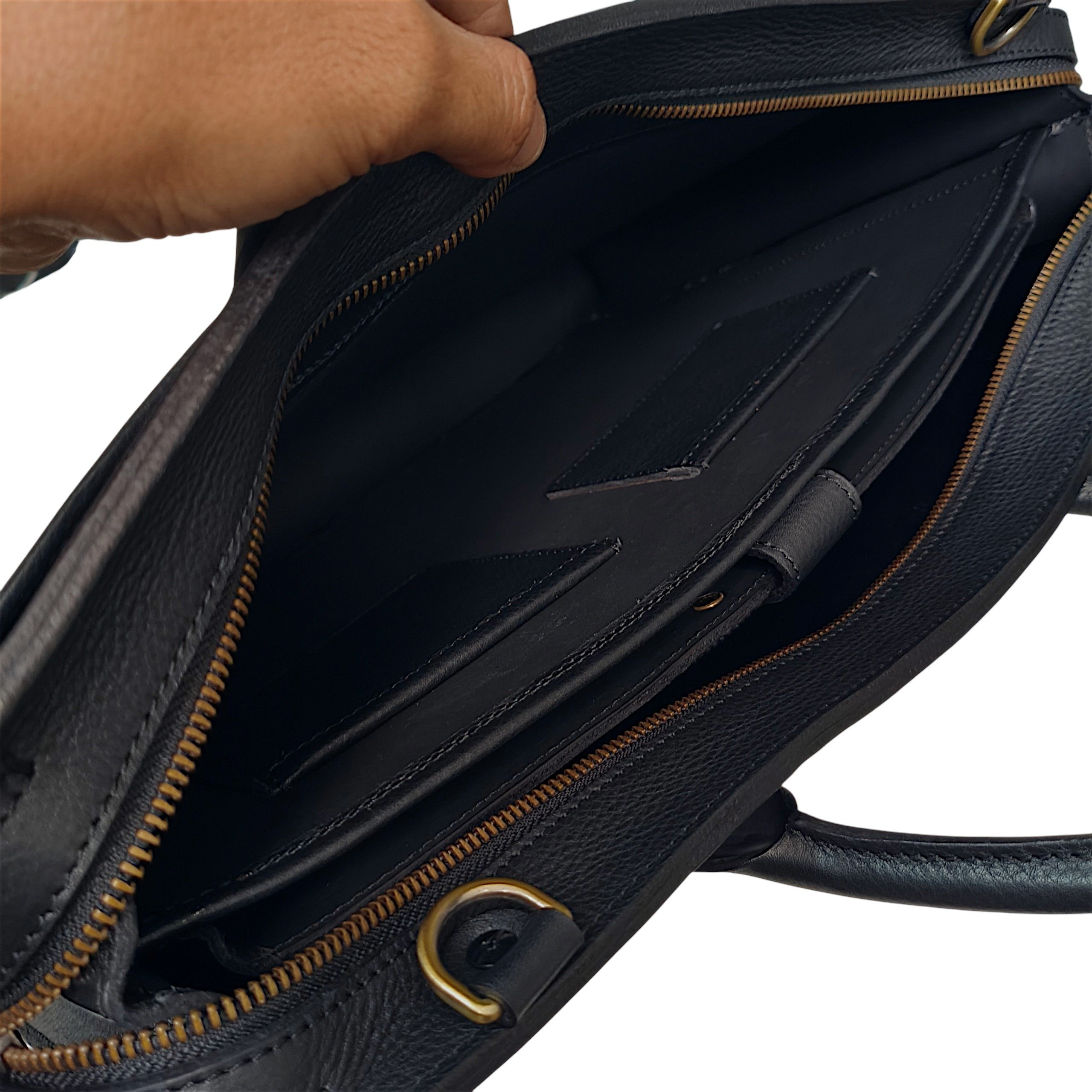 Black Full Grain Leather zip top briefcase